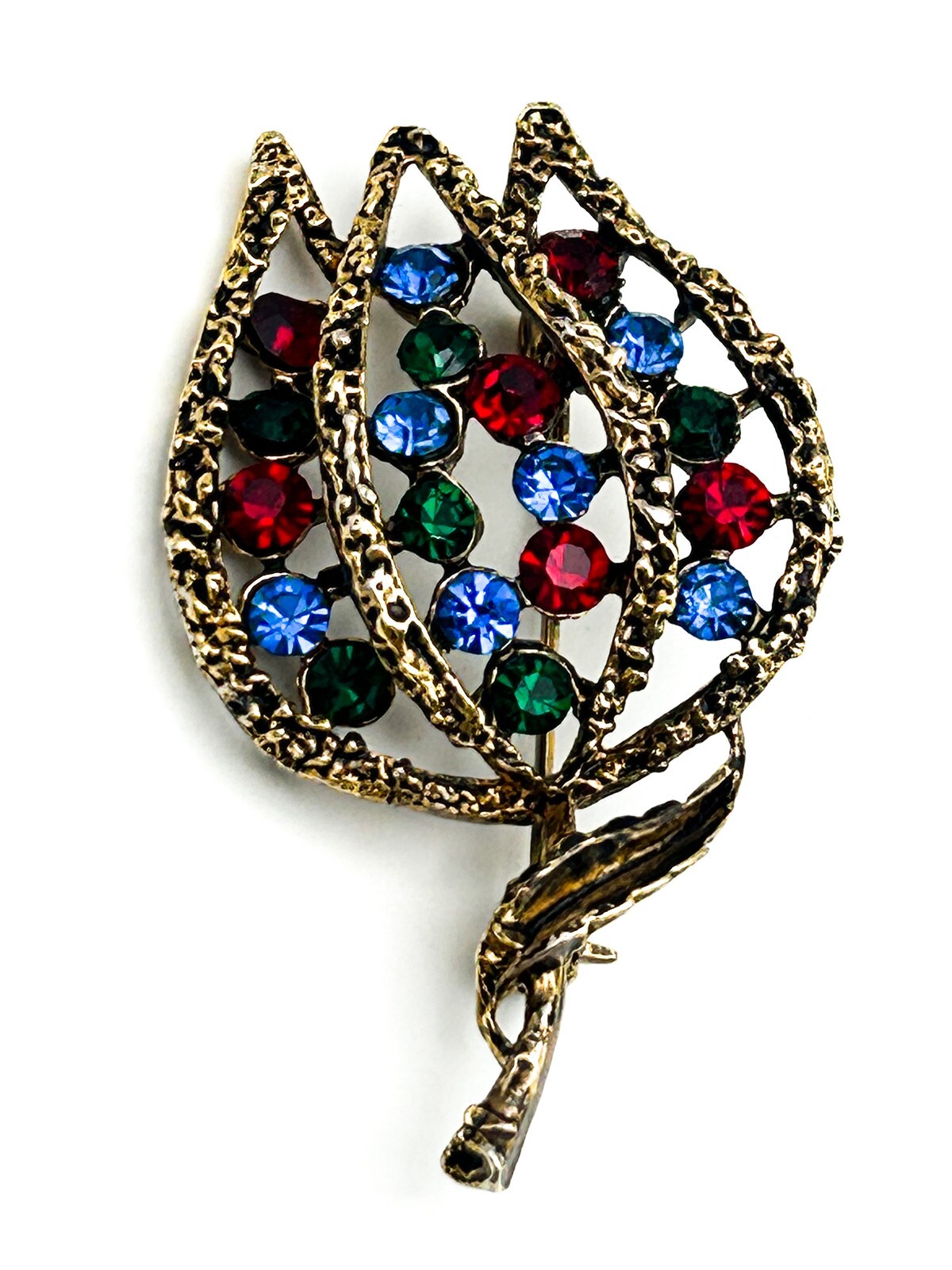 Gold Tone Openwork Tulip Brooch with Multicolour Rhinestones