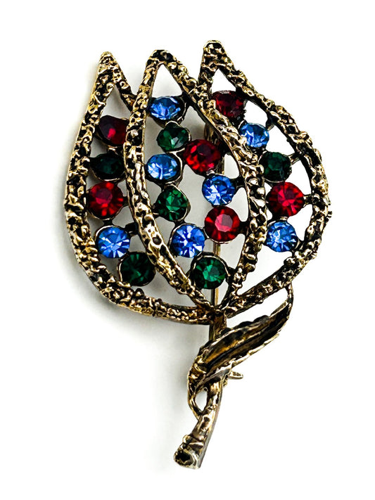 Gold Tone Openwork Tulip Brooch with Multicolour Rhinestones