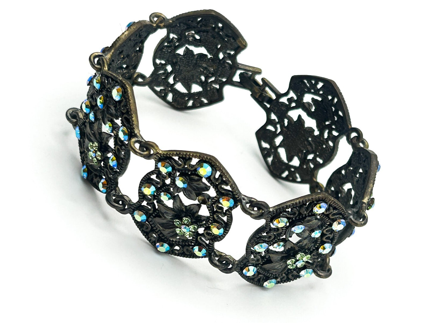 Vintage Filigree Panel Bracelet AB Rhinestone Floral Articulated 17cm
