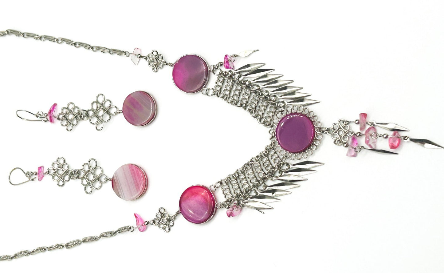 Peruvian Alpaca Necklace Earrings Set Pink Agate Chainmail Fringe Boho Statement