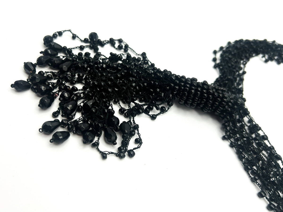 Black Multi Strand Beaded Tassel Necklace Statement Signed WS 25”