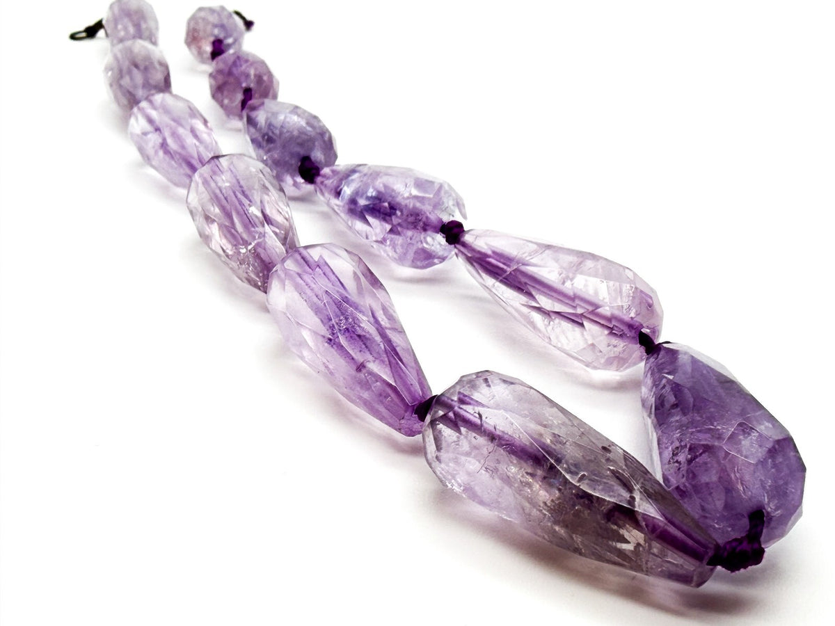 Amethyst Teardrop Necklace Faceted Beads Hand Knotted 18” Statement - Purple