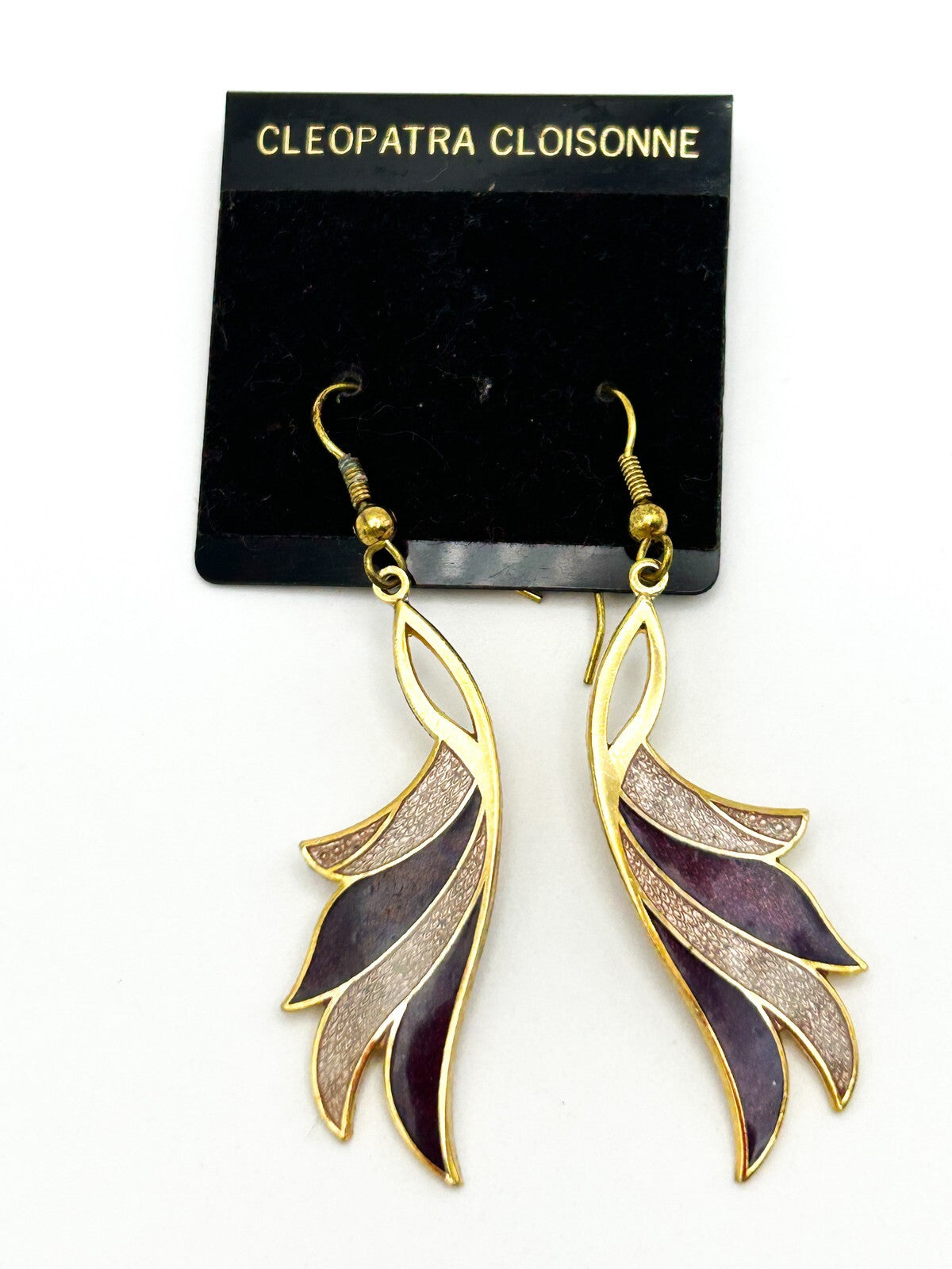 Vintage Cleopatra Cloisonné Purple Enamel Dangle Earrings Gold Tone