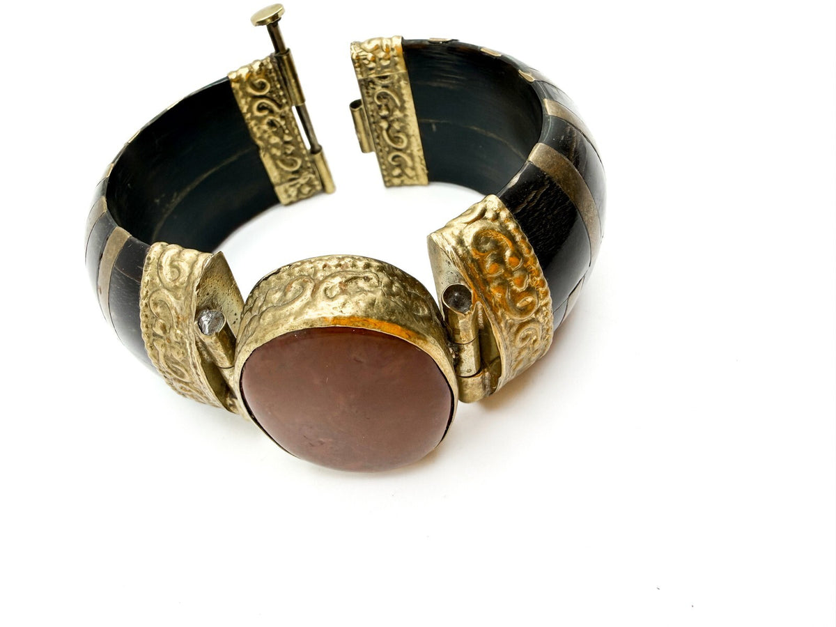 Vintage Horn, Brass and Agate Cuff, appx 18.5cm - red stone, gemstone, hinged