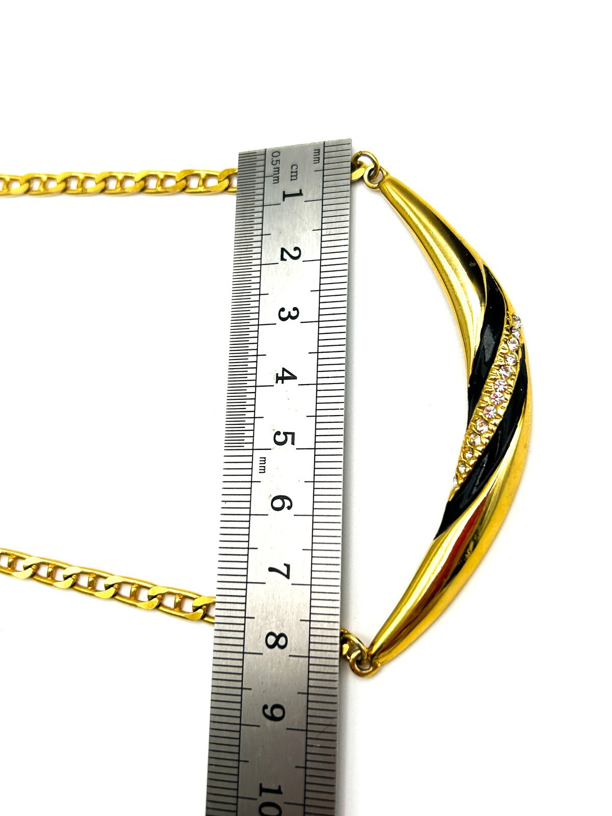 Gold Tone Black Enamel Rhinestone Necklace Figaro Chain Vintage Style