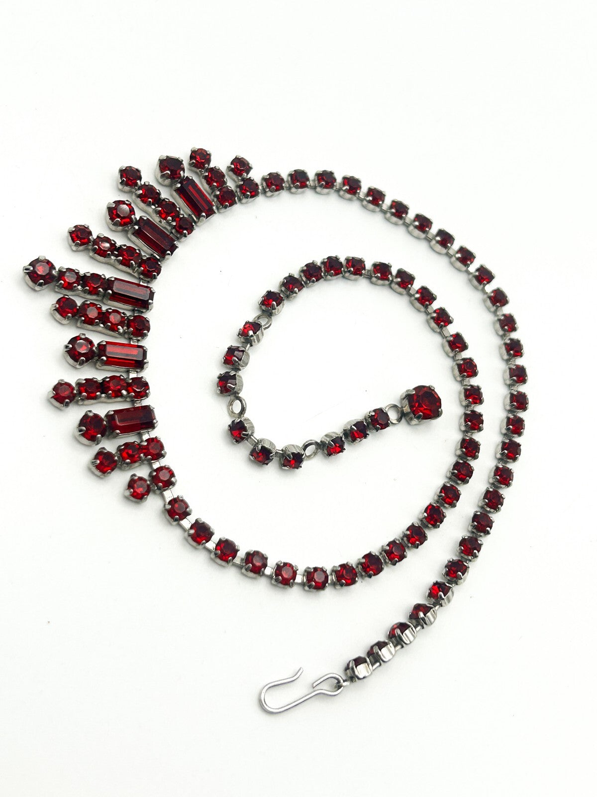 Vintage Red Rhinestone Fringe Statement Necklace Baguette Drop 14.5”