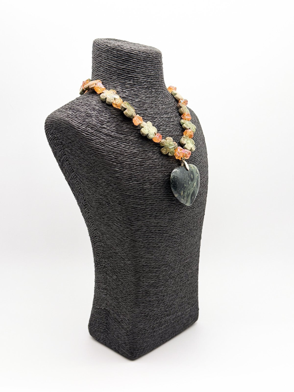 Serpentine Heart Necklace Jasper Bead Statement Chunky Green Pendant 17”