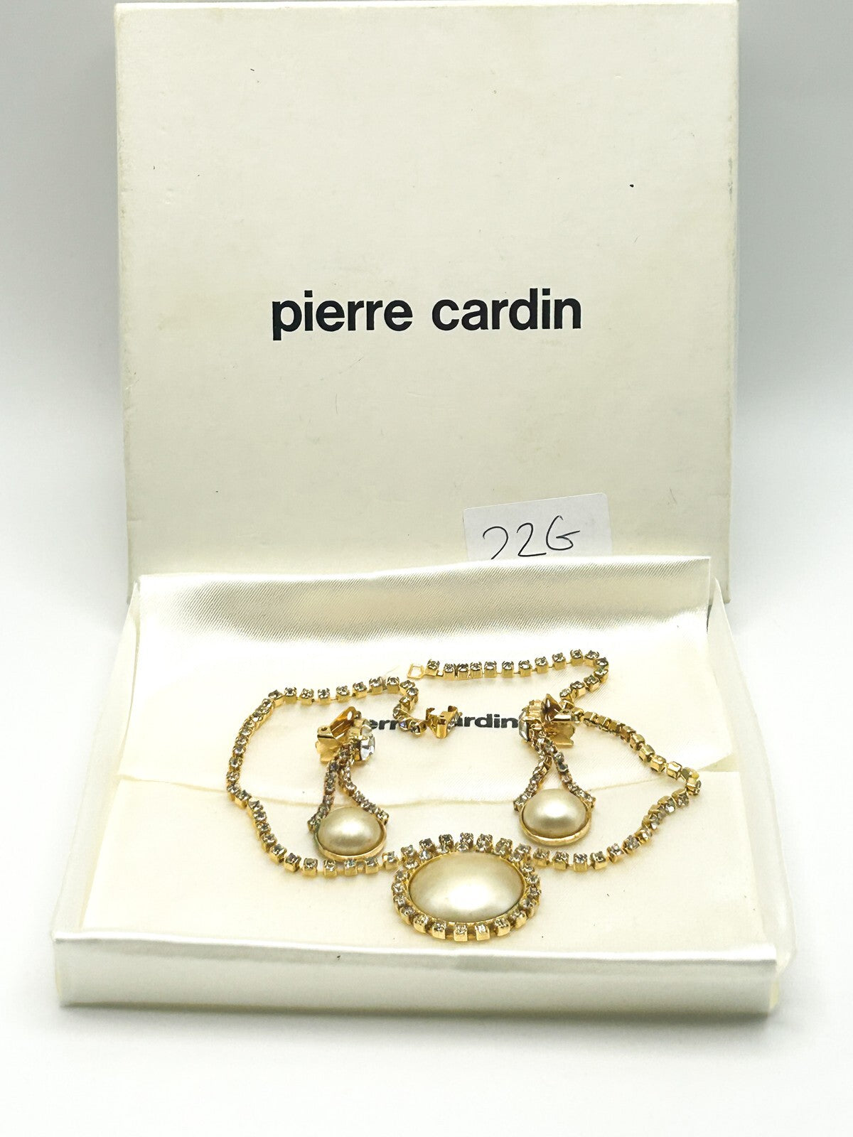 Vintage Pierre Cardin Faux Pearl & Rhinestone Necklace and Earrings - Gold Tone