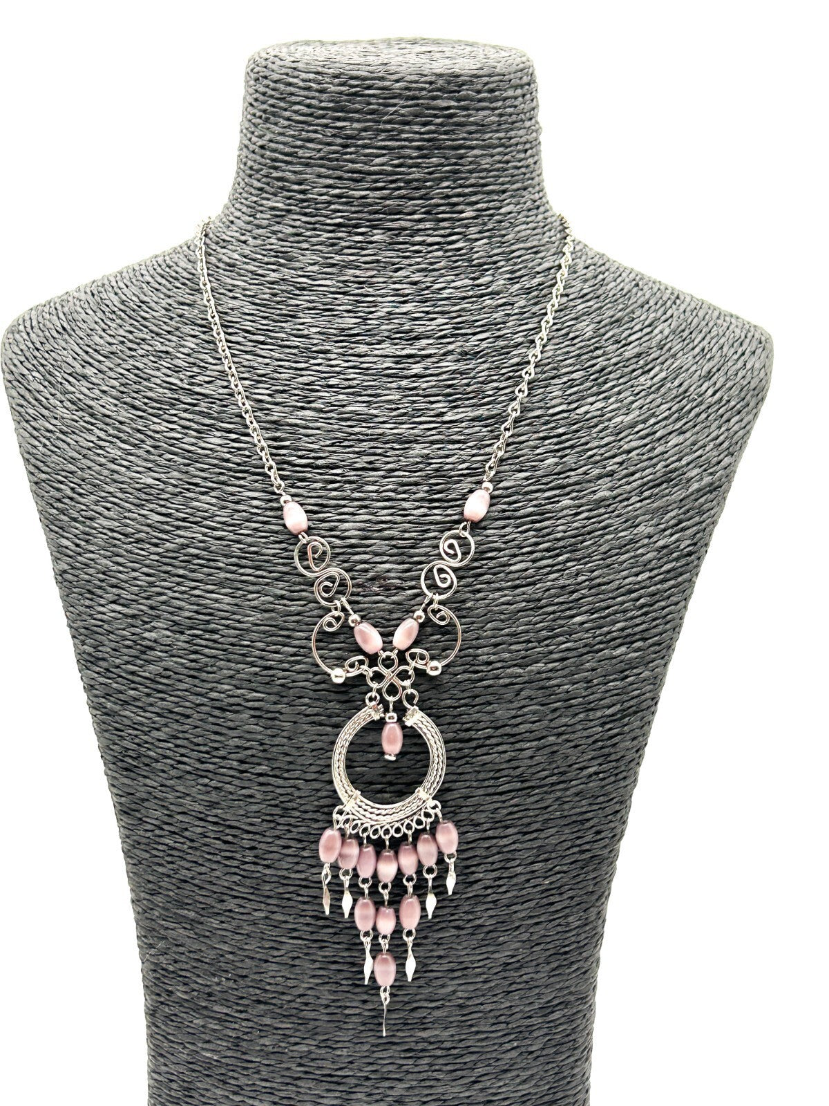 Peruvian Alpaca Necklace Earrings Set Mauve Glass Fringe Boho Chandelier Dainty