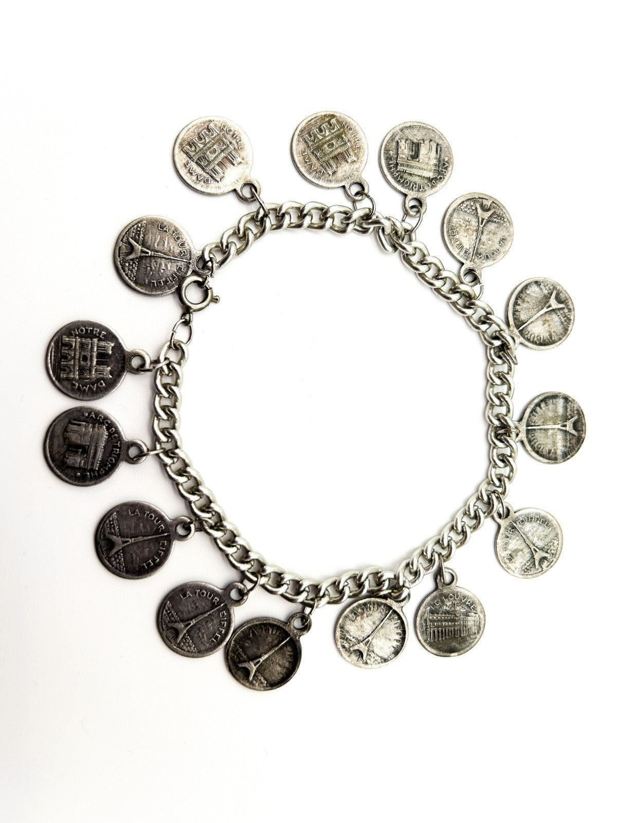 Vintage Paris Souvenir Coin Charm Bracelet with Eiffel Tower & Notre Dame Charms