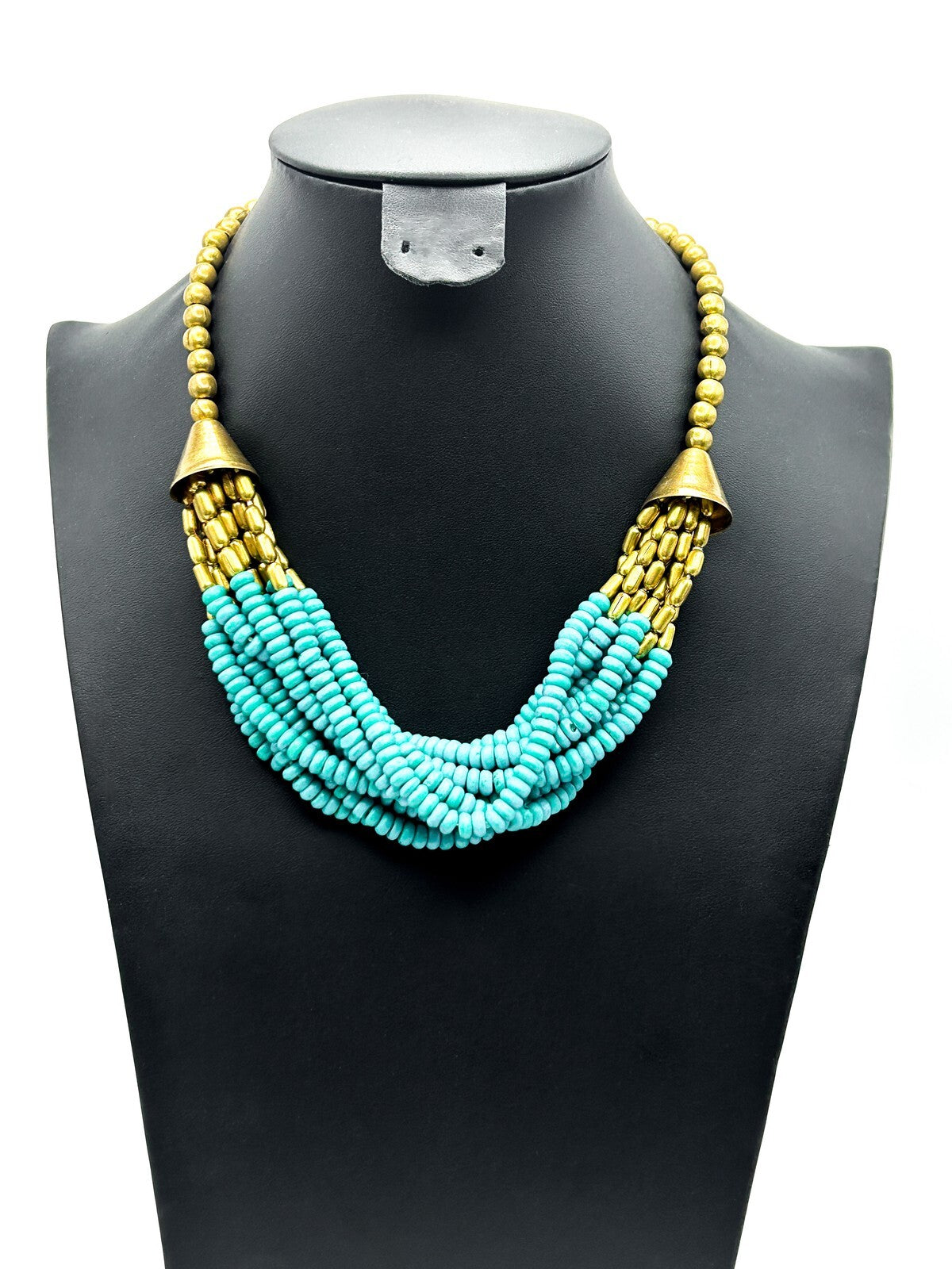 Vintage Turquoise Wood Multi-Strand Beaded Necklace with Gold Tone Caps