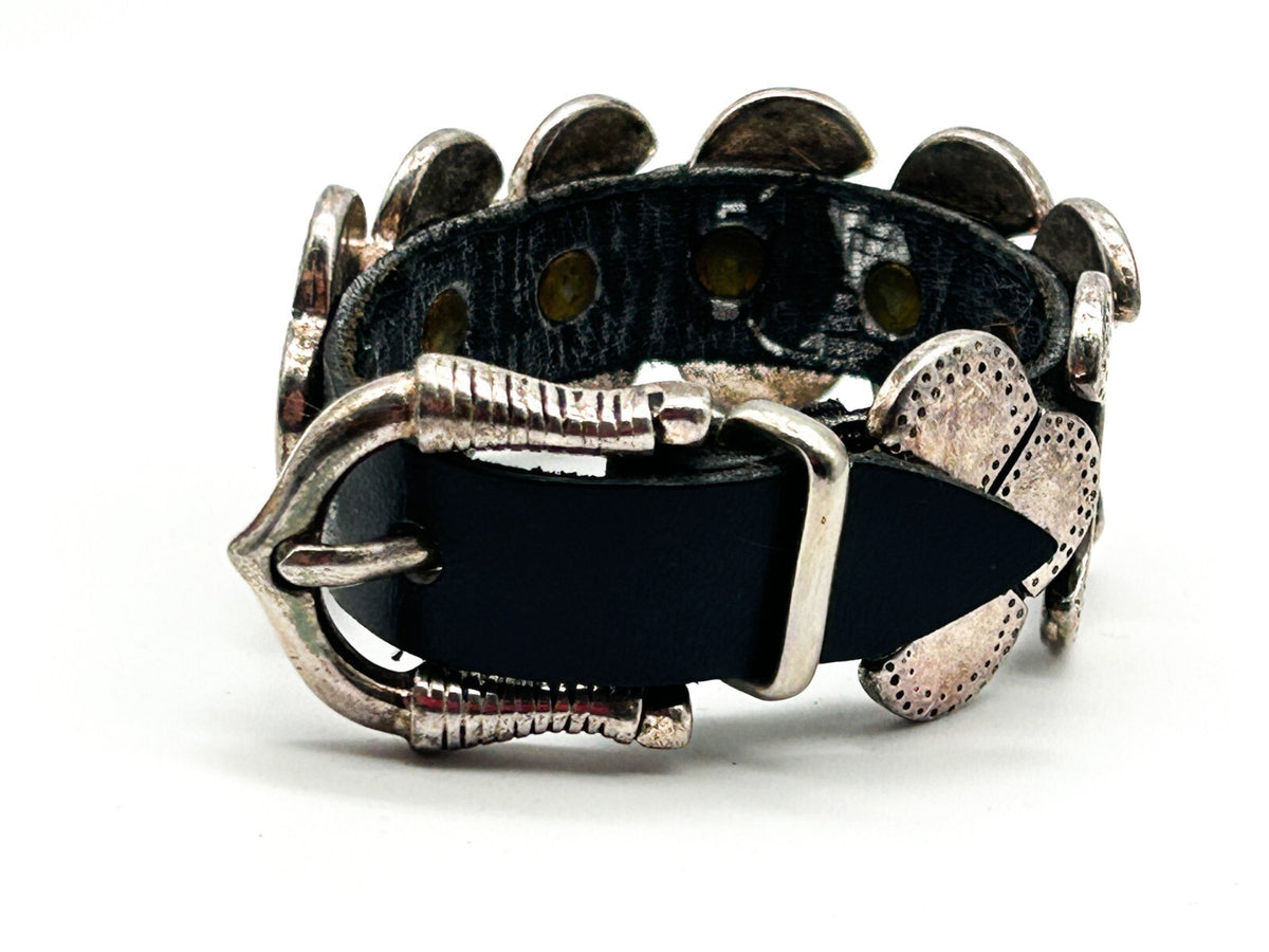 Industrial Silver Tone Cuff Bracelet Black Faux Leather Studded Strap Buckle