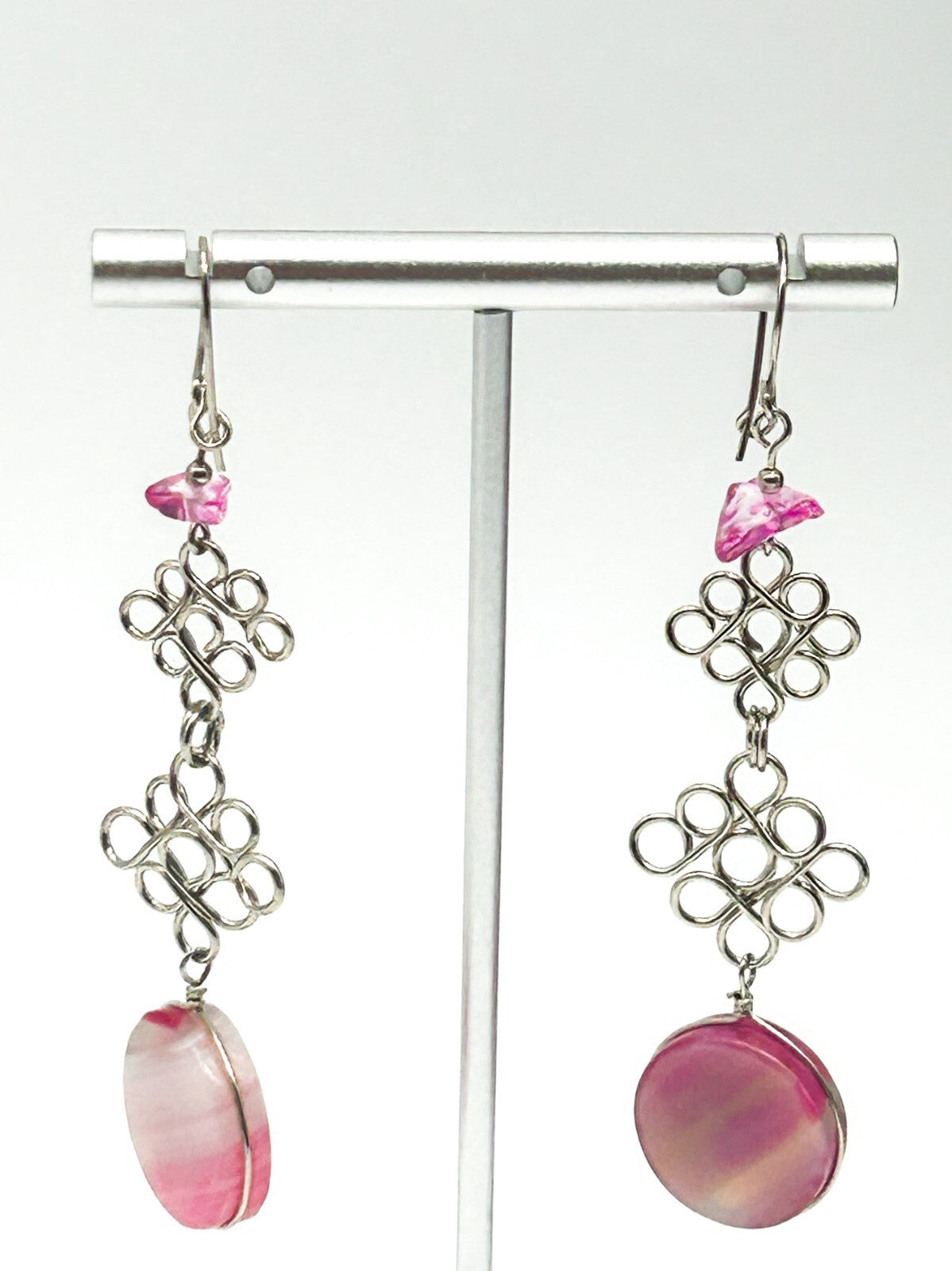 Peruvian Alpaca Necklace Earrings Set Pink Agate Chainmail Fringe Boho Statement