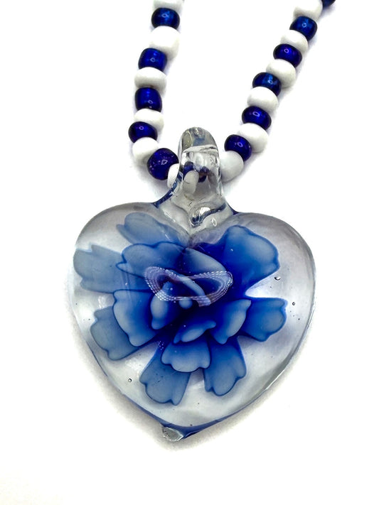 Vintage Blue & White Glass Beaded Necklace with Floral Art Glass Heart Pendant
