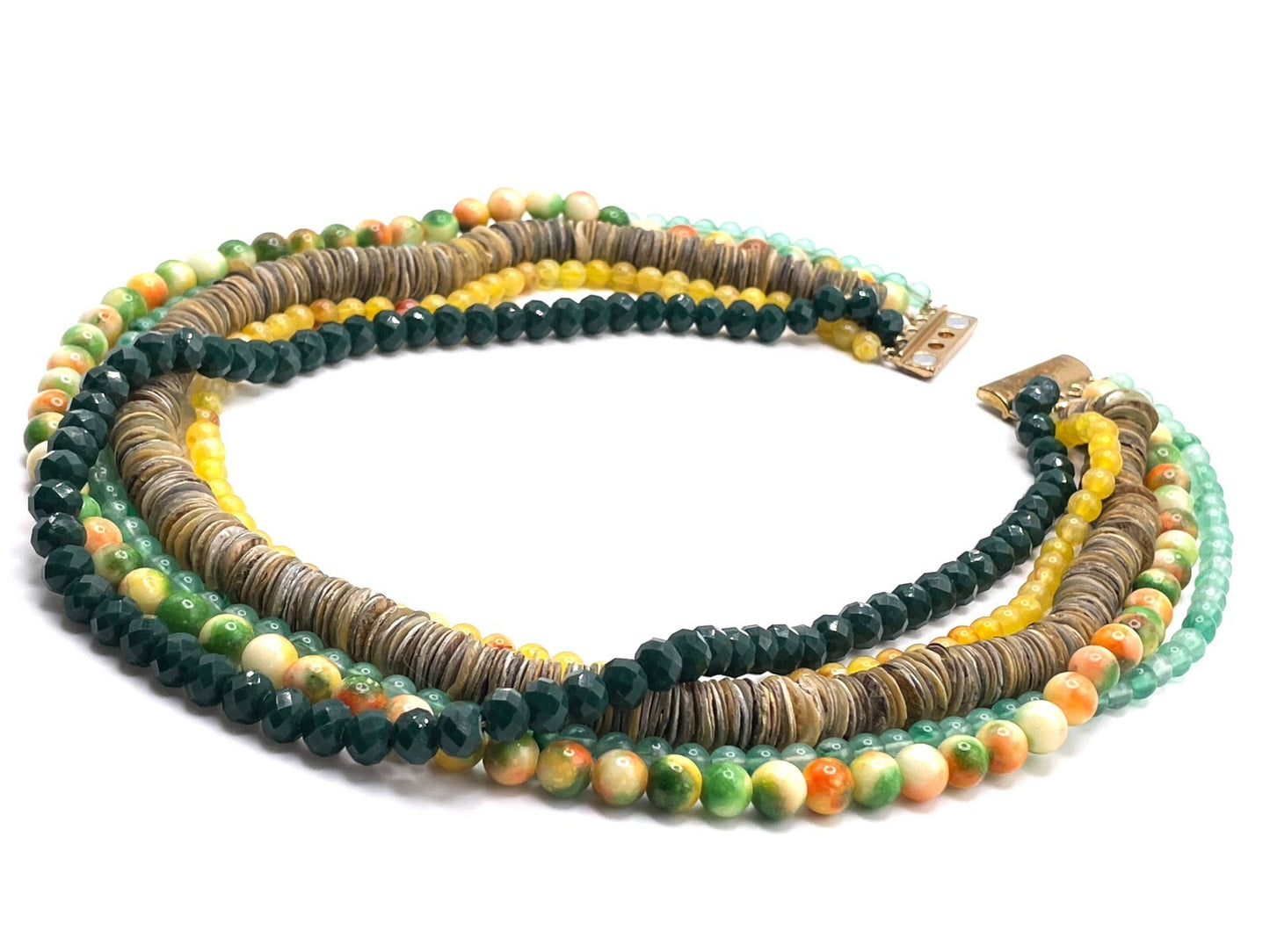 Five-Strand Layered Bead Necklace in Green, Yellow and Orange