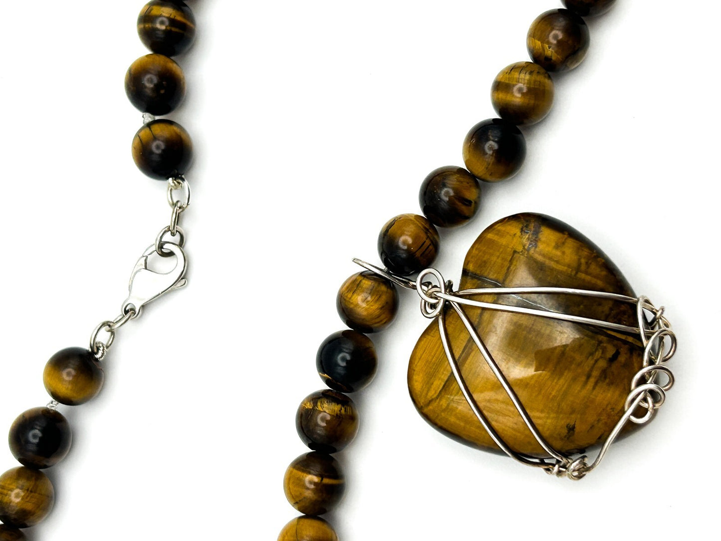 Tiger Eye Beaded Necklace Heart Pendant 925 Silver Clasp Wire Wrapped 17.5”