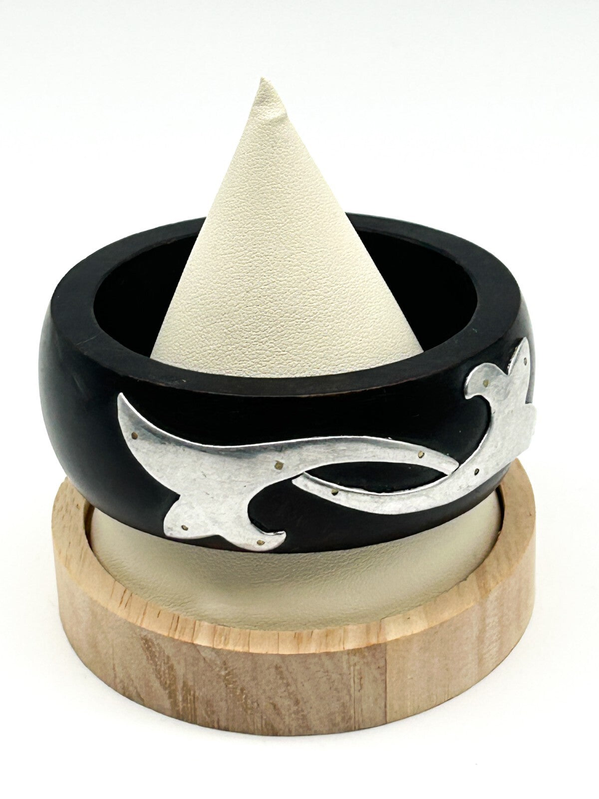 Chunky Dark Wood Bracelet 925 Sterling Silver Tribal Design Overlay Bangle Boho