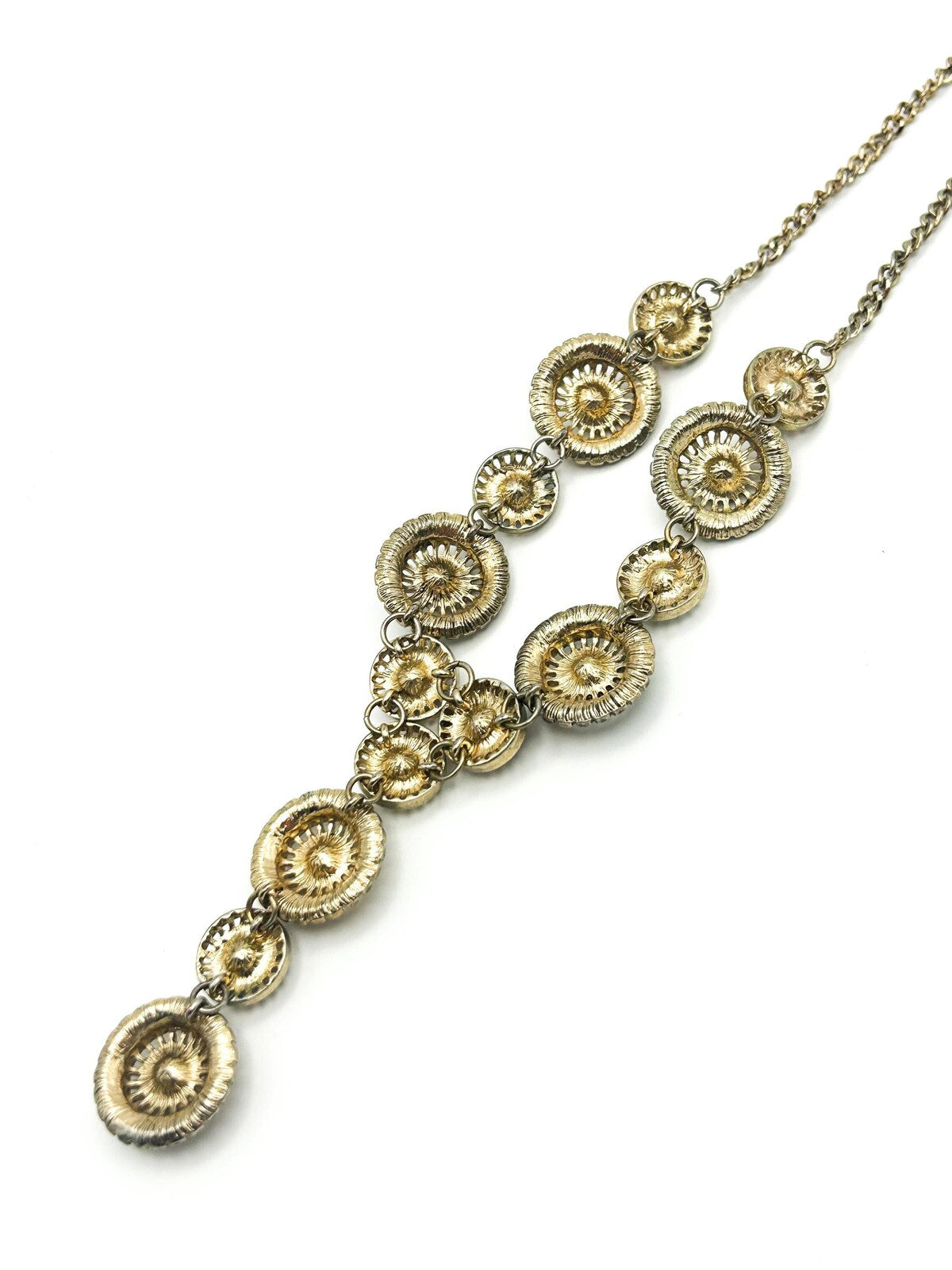 Vintage Boho Ornate Articulated Gold Tone Rhinestone Coin-disc Y Necklace