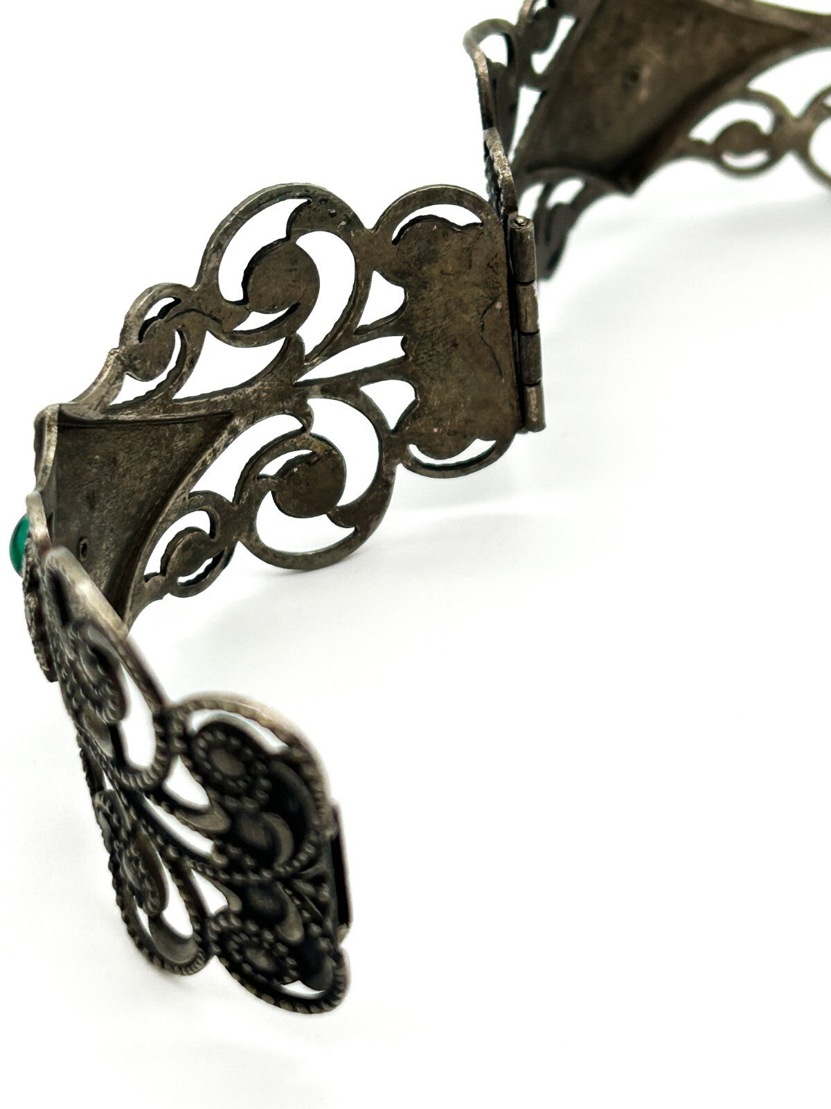 Vintage Art Deco Revival Ornate Silver Tone Hinged Bangle Green Cabochon Filigre
