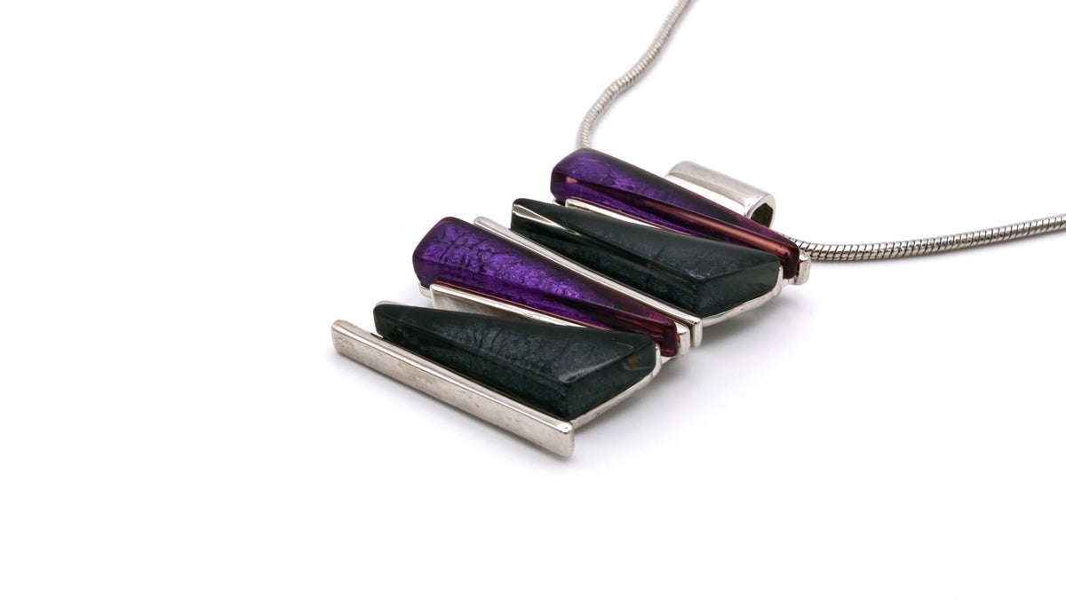 Geometric Modernist Pendant Necklace - Purple, Black, Silver w/ Snake Chain