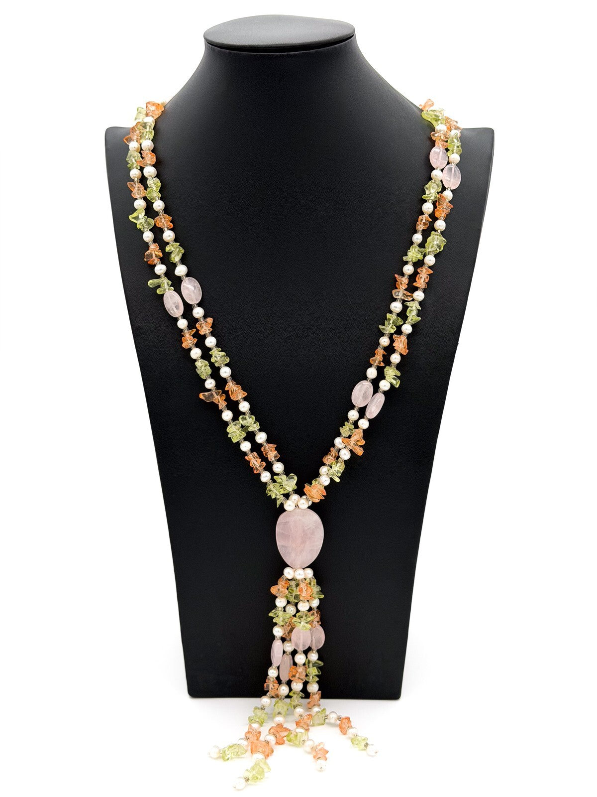 Rose Quartz & Genuine Pearl Multi Strand Statement Necklace Tassel Drop