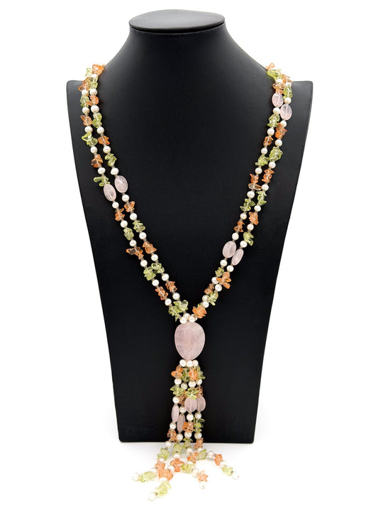 Rose Quartz & Genuine Pearl Multi Strand Statement Necklace Tassel Drop