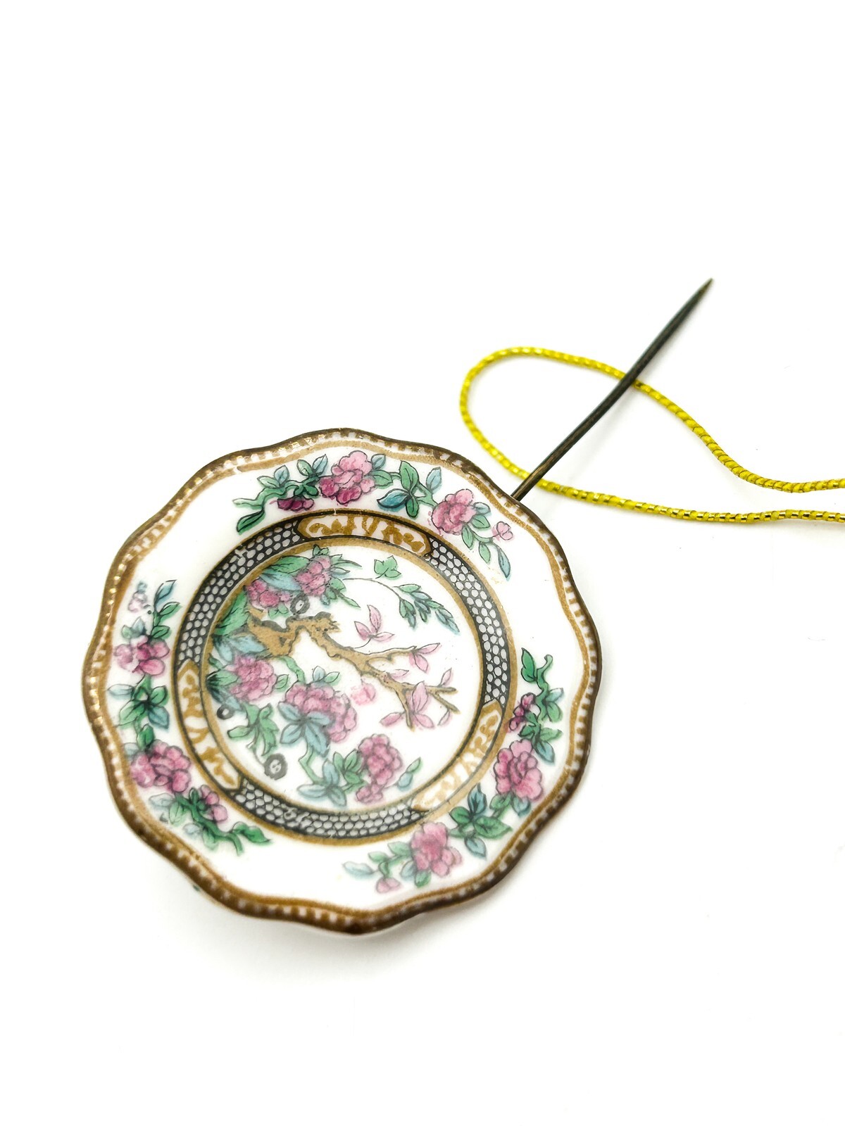 Vintage Coalport Fine Bone China Floral Plate Brooch Miniature Gold Tone England