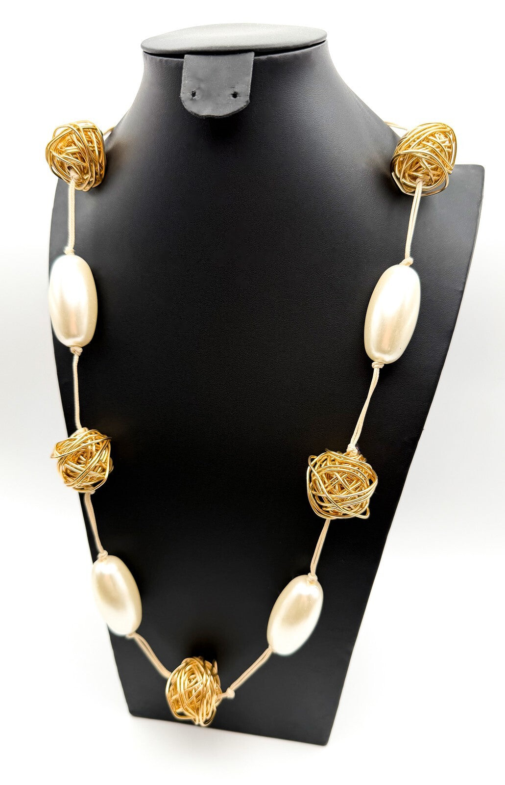 Chunky Oval Pearl & Gold Tone Hand-knotted Wire Wrapped Ball Adjustable Necklace