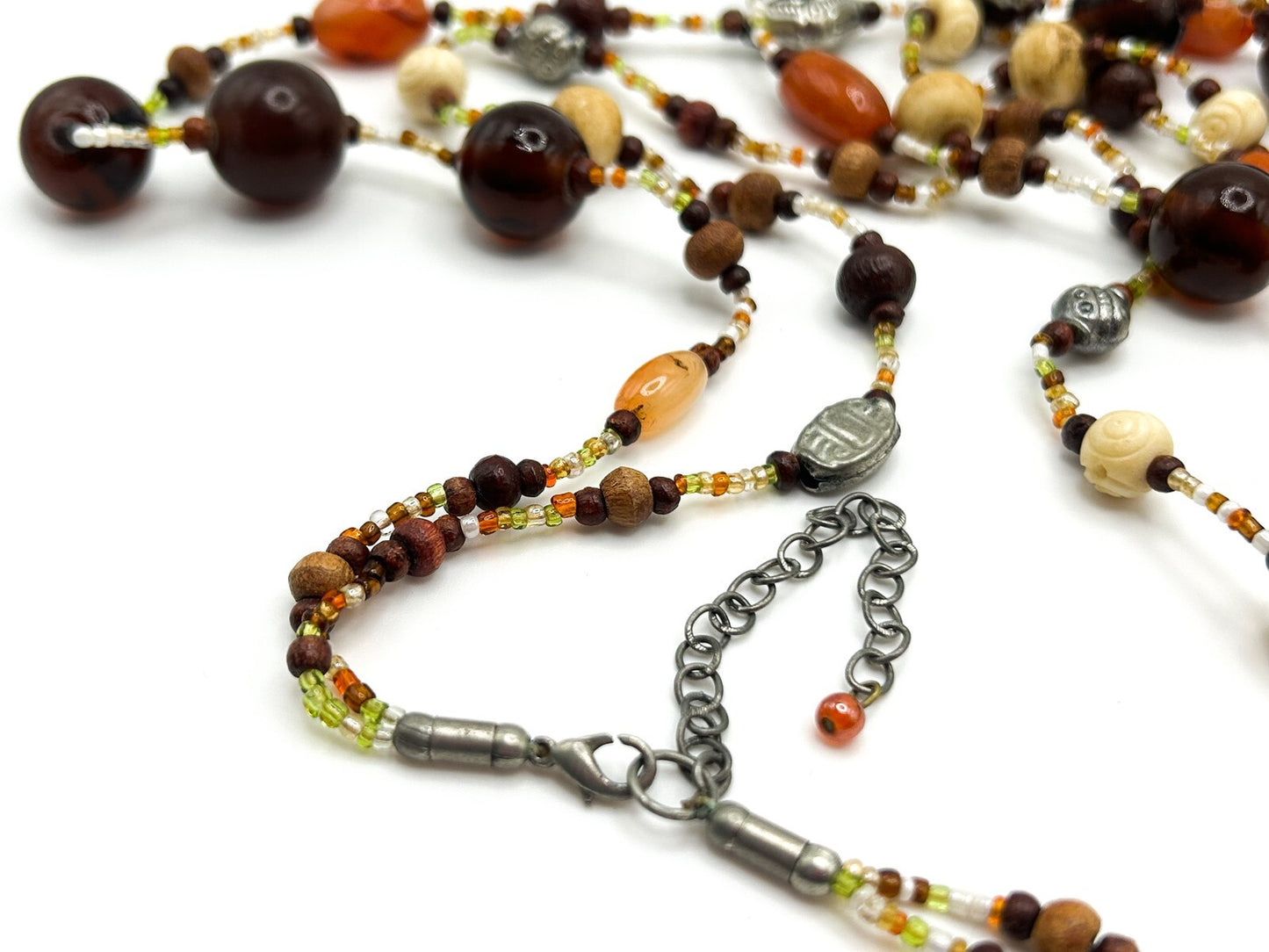 Boho Autumnal Tones Carved Organic Beads and Carnelian 2-layer Beaded Necklace