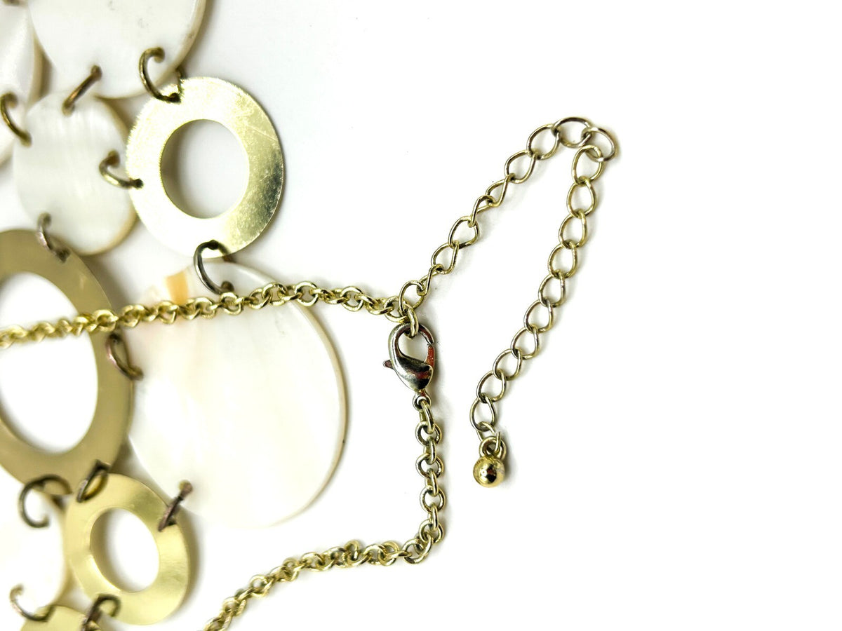 Y2K Gold Tone Statement Necklace Mother of Pearl Disc Hoop Bib Chunky 90s 2000s