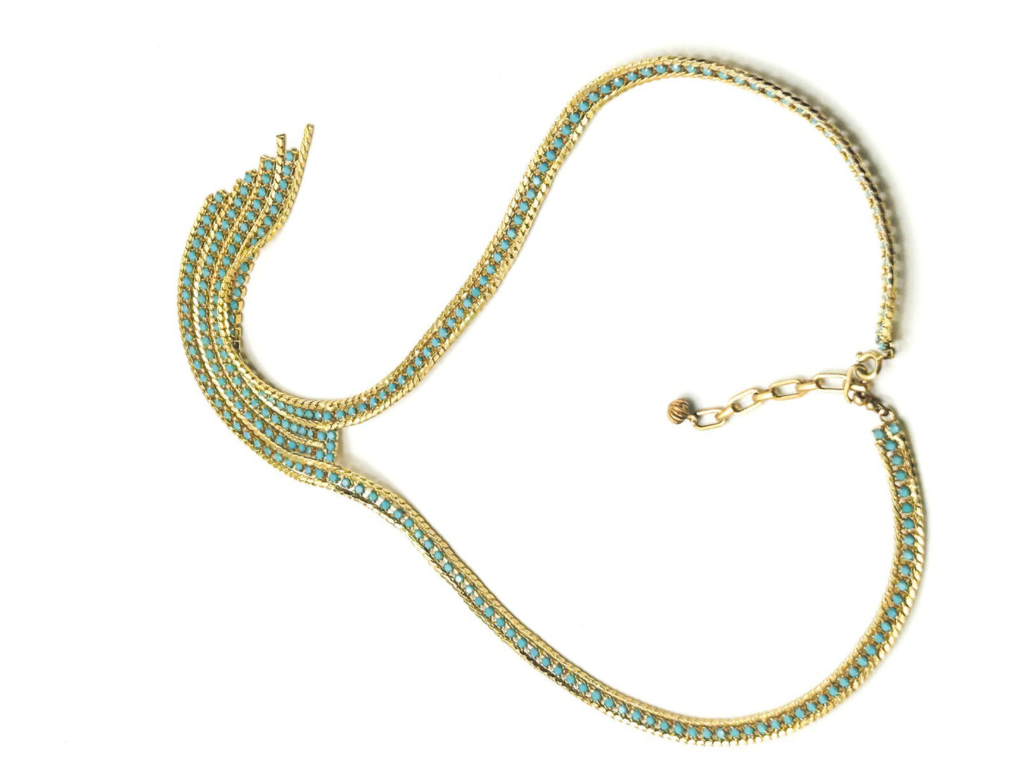Gold Tone Turquoise Glass Lariat Necklace – Vintage Mesh Tassel Design