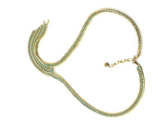 Gold Tone Turquoise Glass Lariat Necklace – Vintage Mesh Tassel Design