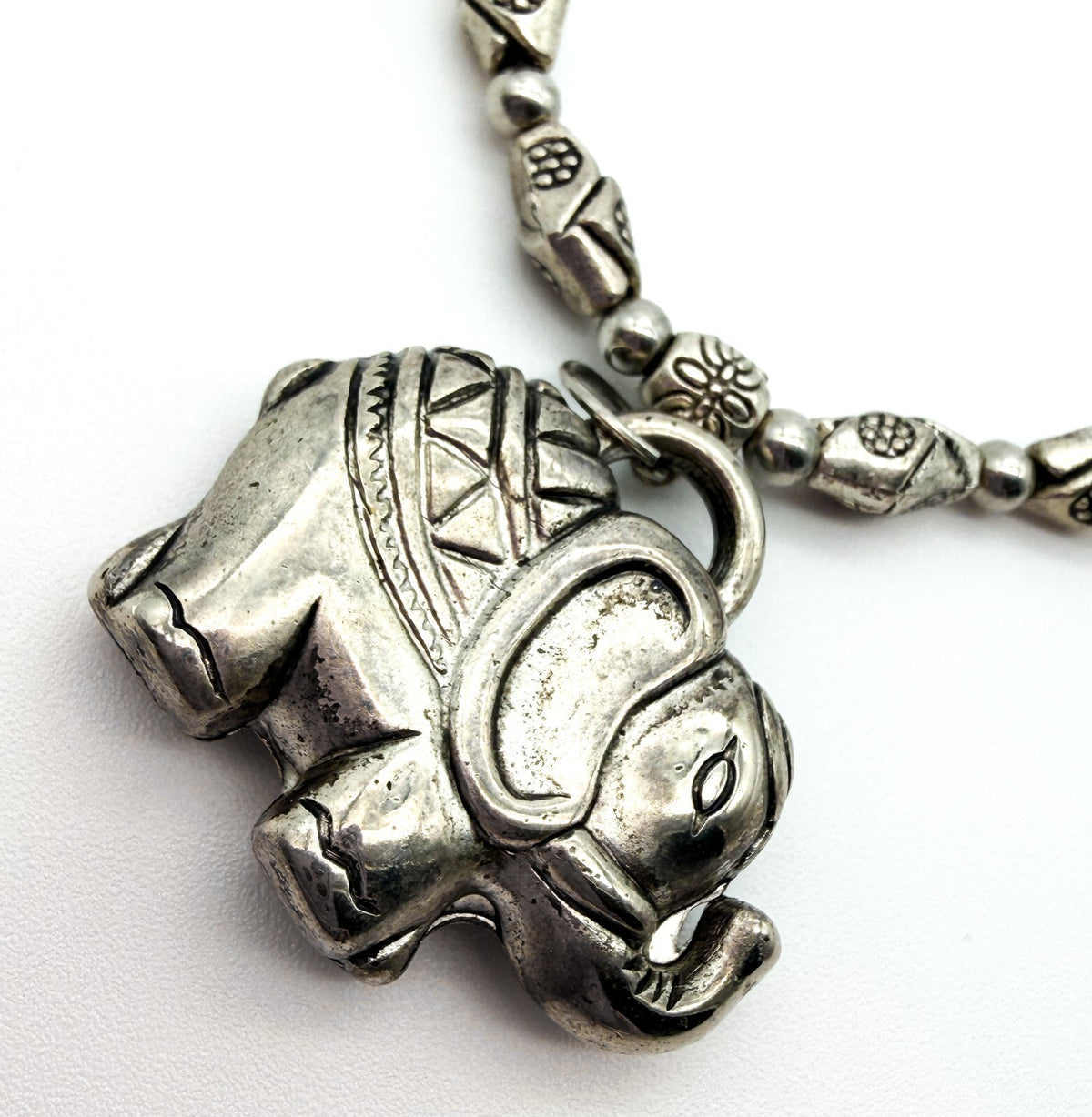 Elephant Pendant Necklace Silver Tone Beaded Tribal Boho Style Animal Charm Cute