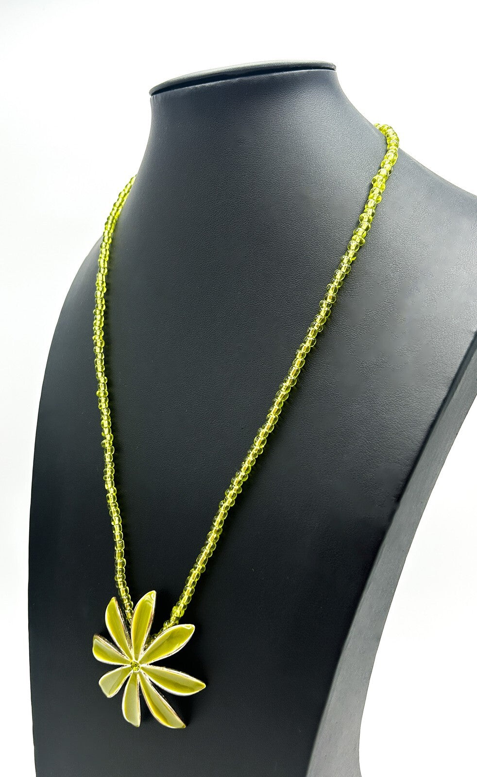 Lime Green Glass Beaded Necklace with Enamel Flower Pendant
