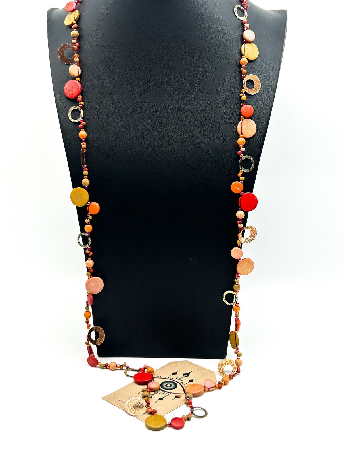 Boho Multi Strand Coconut Shell Necklace Rust Coral Disc Beads Long Statement