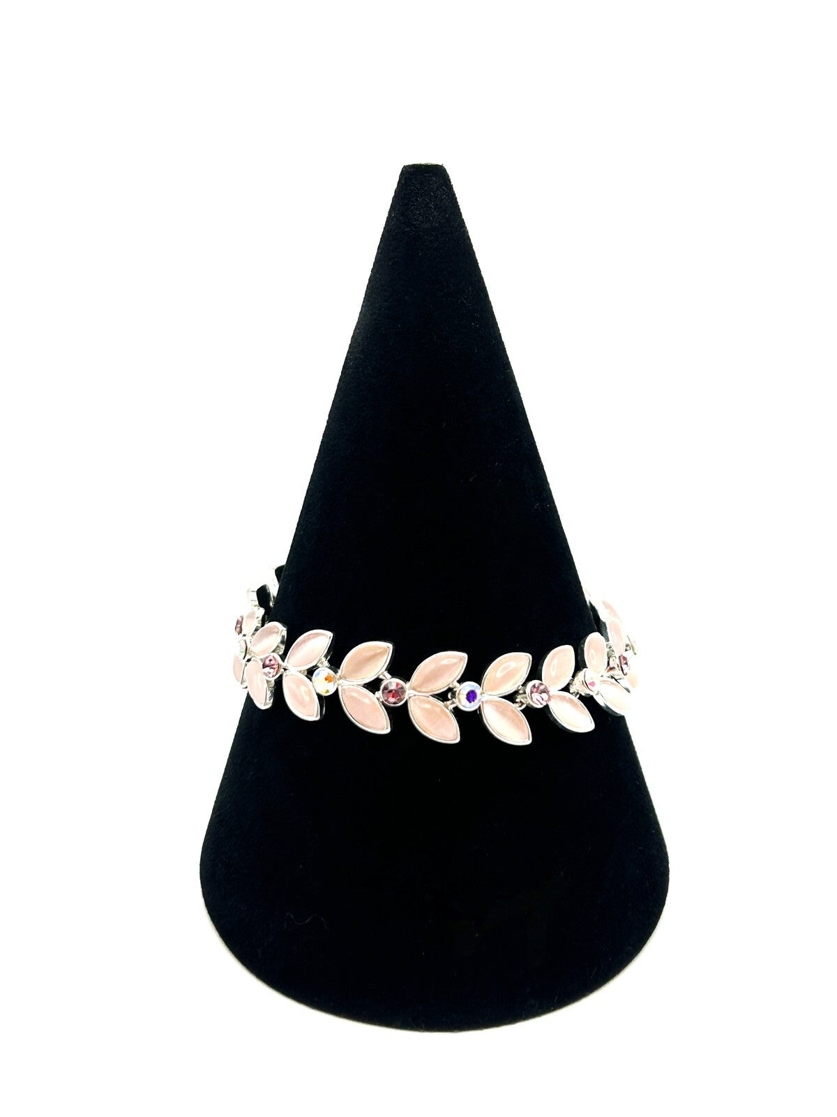 Pink Cat’s Eye Leaf Petal Bracelet Silver Tone AB Crystal Marquise