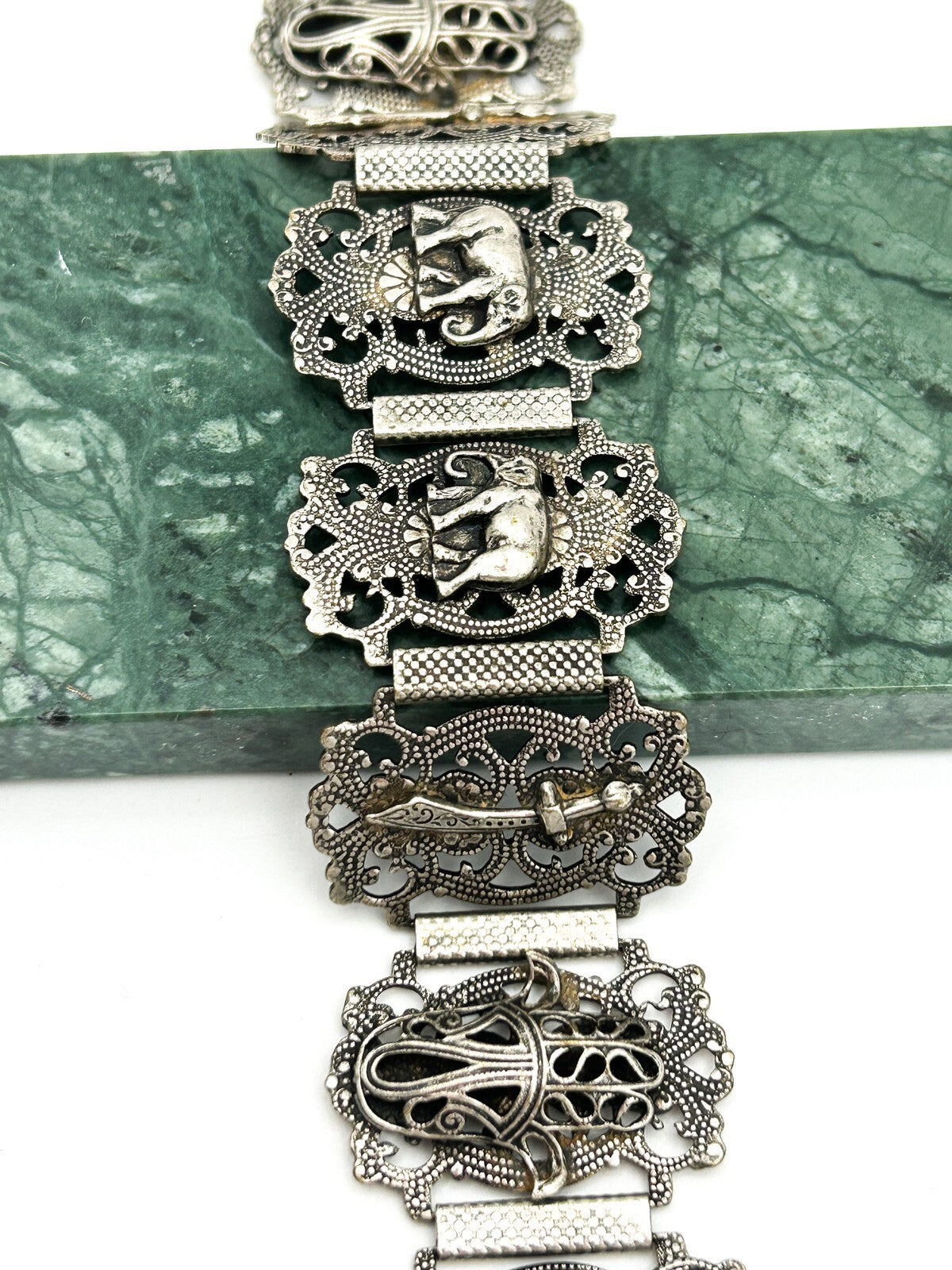 Moroccan Souvenir Silver Tone Filigree Panel Bracelet Elephant Hamsa 8.5”