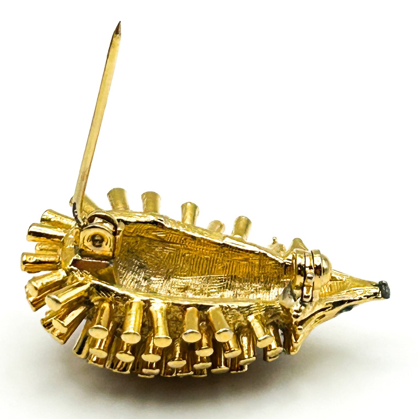 Vintage Hedgehog Brooch Gold Tone Animal Pin Green Rhinestone Eyes