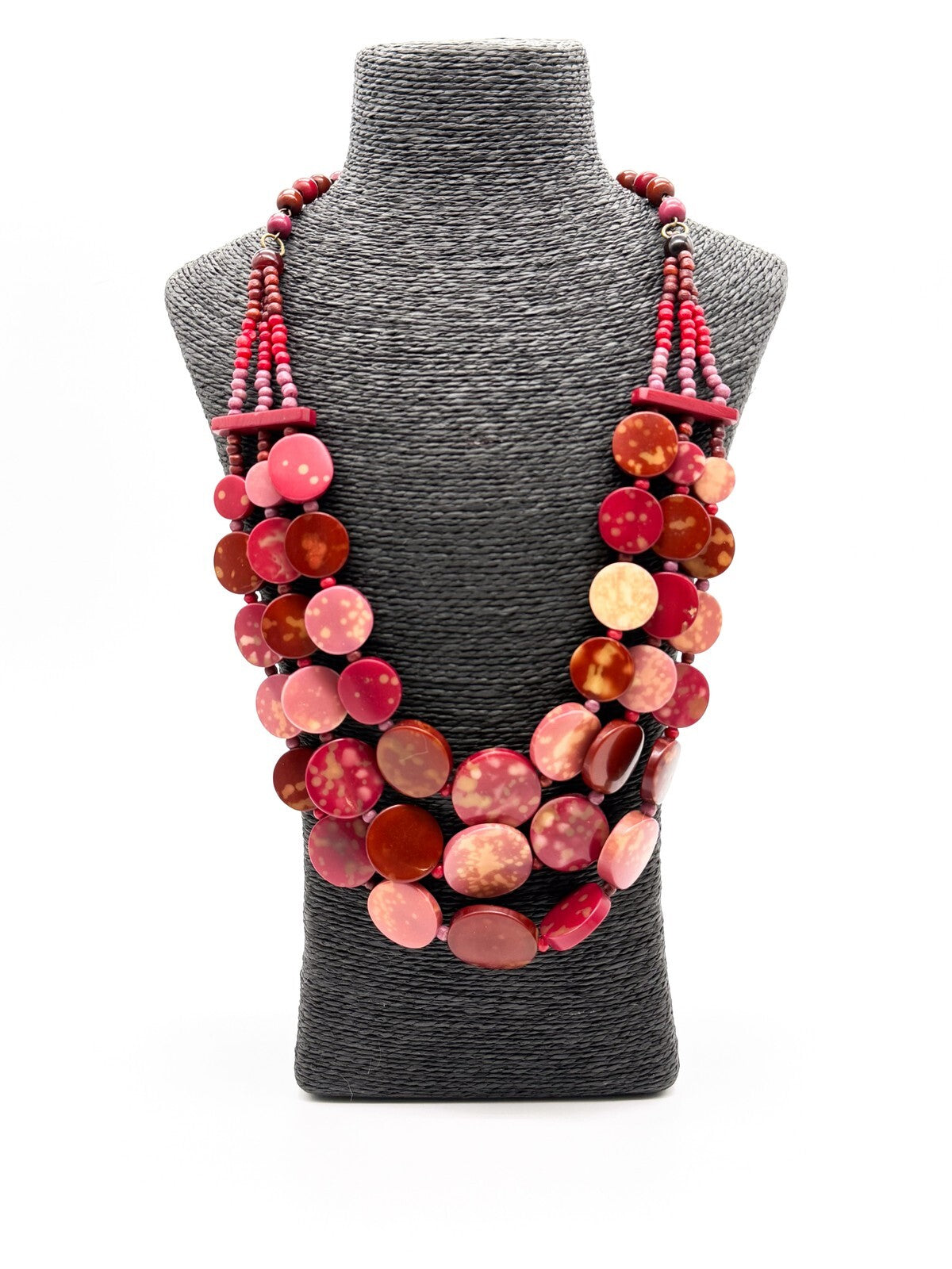 Triple Strand Pink Statement Necklace Red Disc Beads Chunky Layered 25"