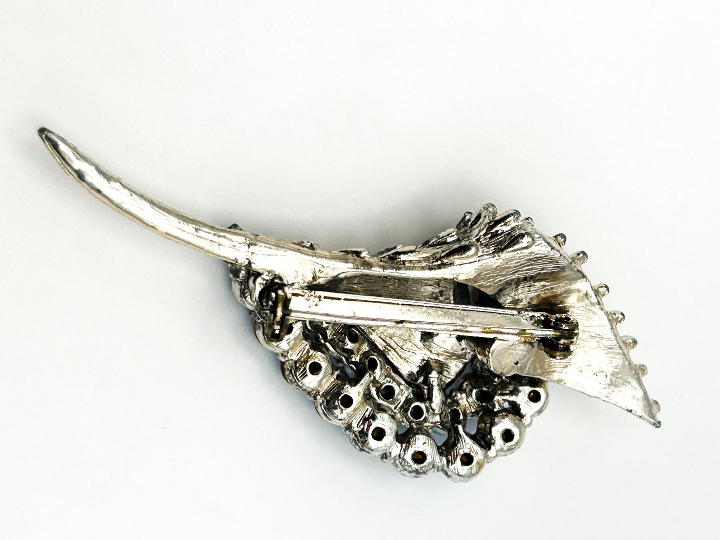 Vintage Style Blue Rhinestone Floral Spray Brooch Silver Tone Flower Statement