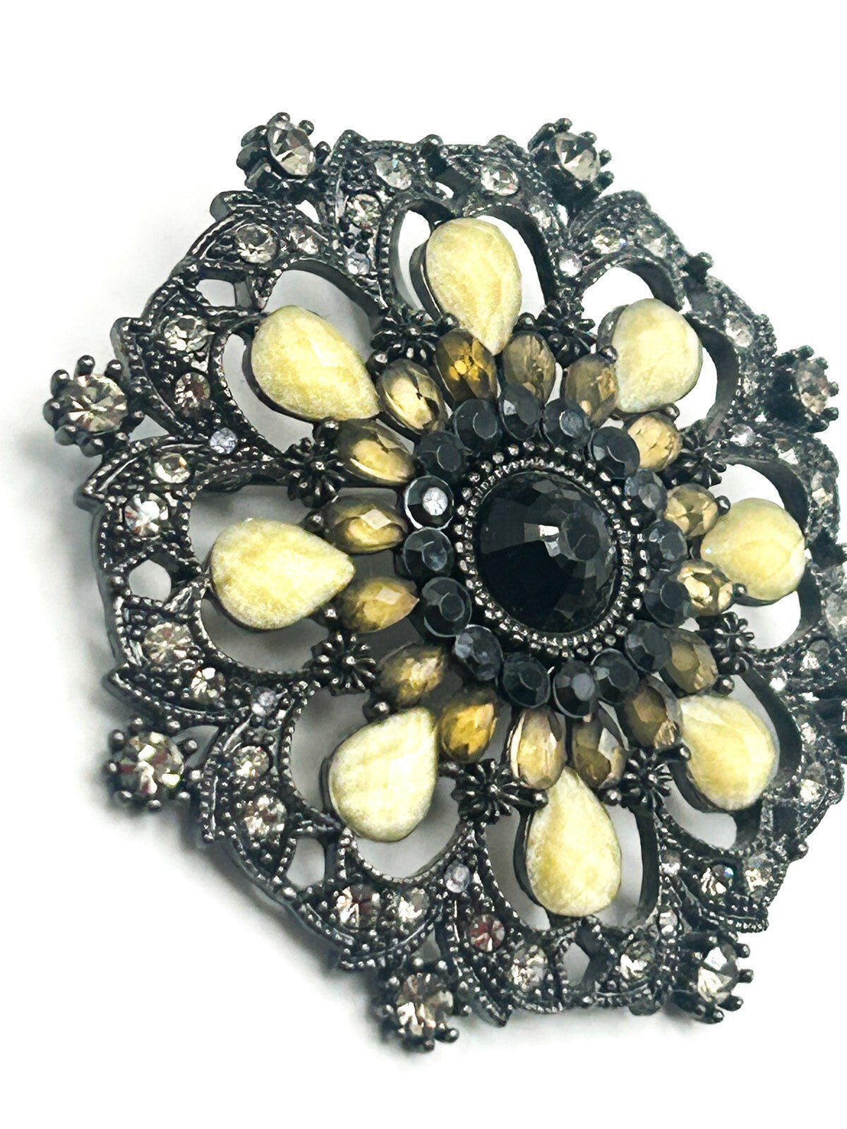 Ornate Gunmetal Floral Rhinestone Vintage Brooch with Lemon Cabochons – 6cm