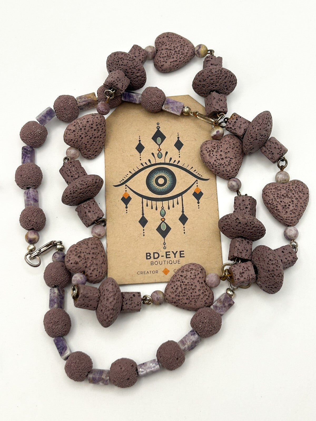 Dyed Purple Lava & Amethyst Bead Necklace – Hearts, Rounds  Cubes