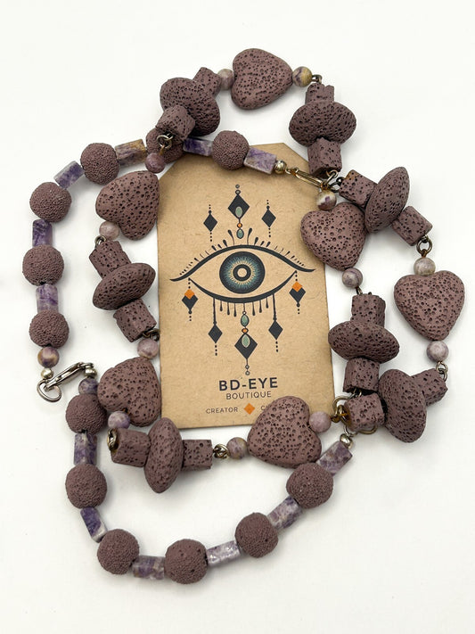 Dyed Purple Lava & Amethyst Bead Necklace – Hearts, Rounds  Cubes