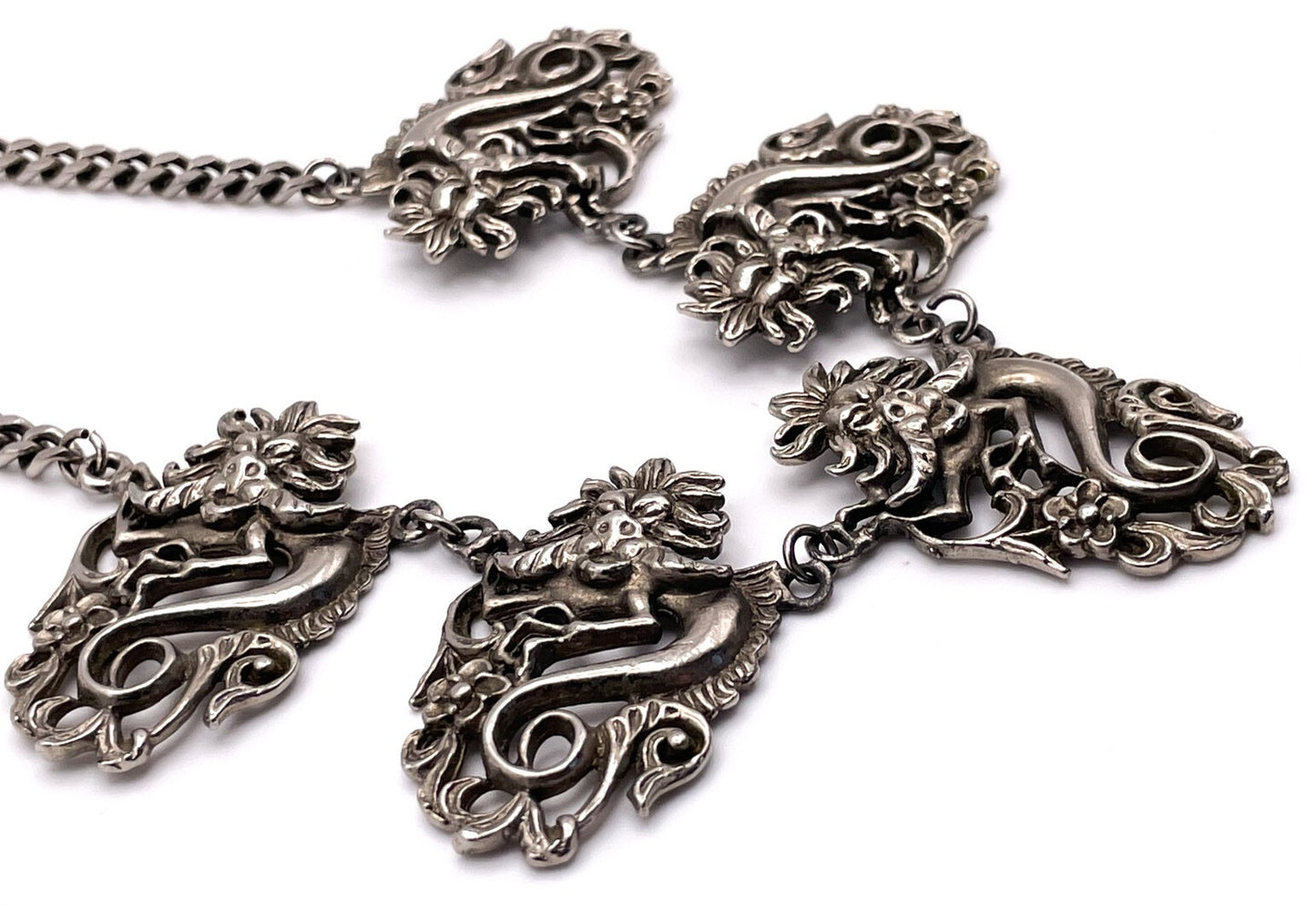 Silver Tone Five Dragon Pendant Necklace – Fantasy Statement, 16”