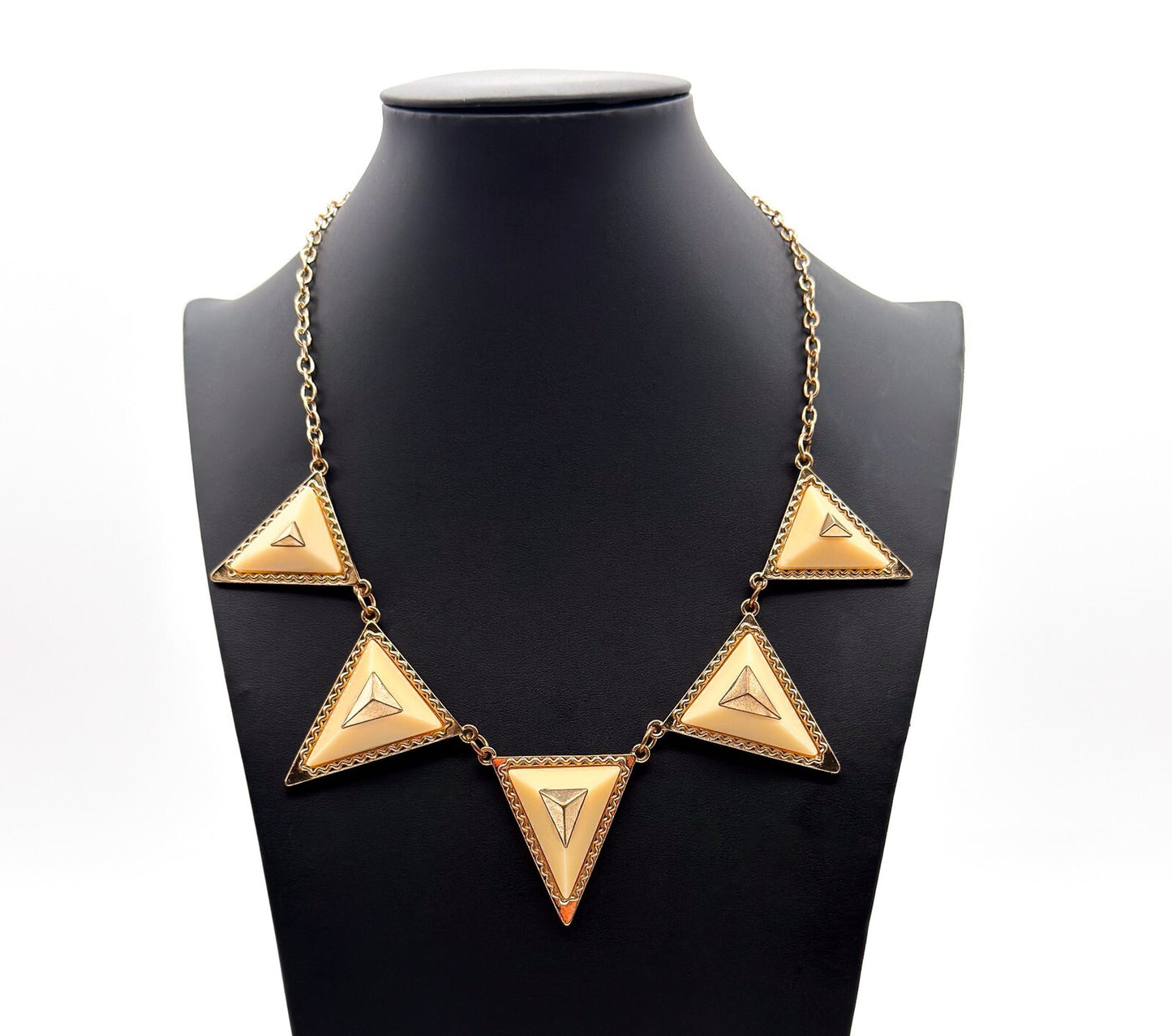 Geometric Pyramid Necklace Gold Cream Statement Modern Art Deco Style