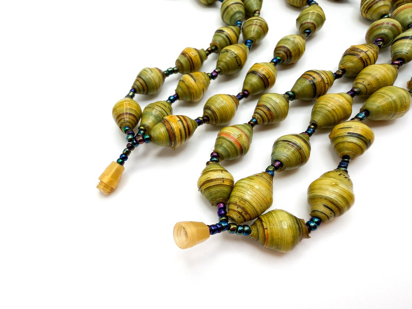 Vintage Multi-Strand Yellow & Green Beaded Necklace - Faux Rolled Paper Beads