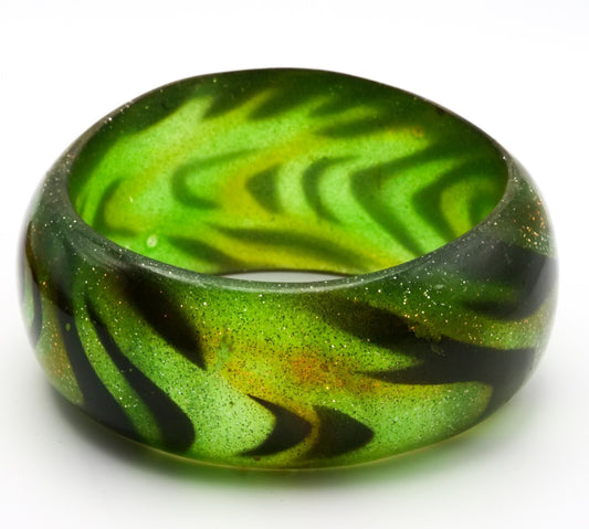 Chunky Two Tone Green Acrylic Bangle Glitter Swirl Wide Statement Bracelet Cuff