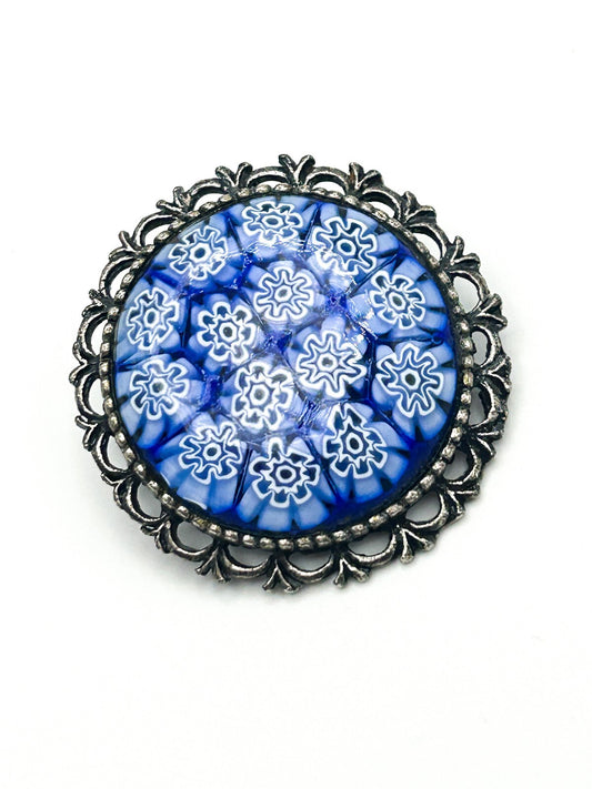 Vintage Millefiori Venetian Murano Glass Brooch - Sterling Silver - Blue Red