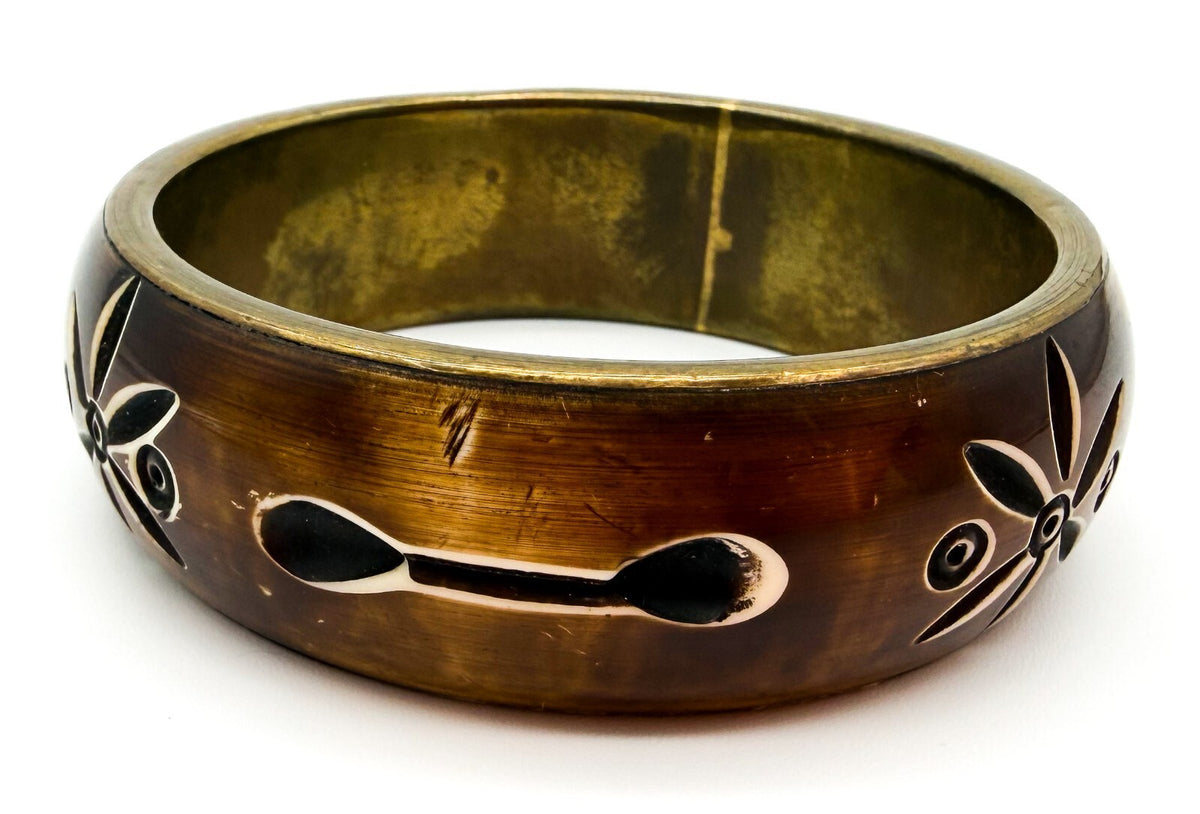 Vintage Brass & Carved Organic Material Floral Bangle Bracelet
