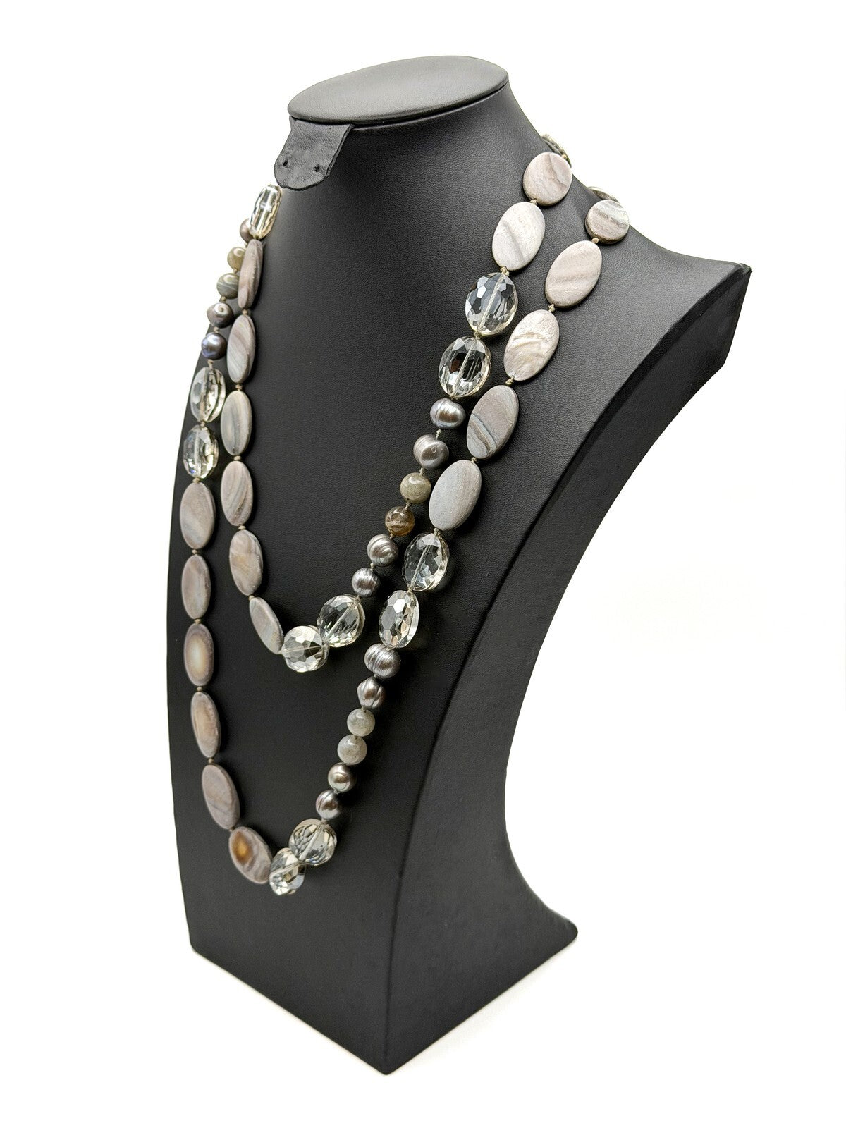 Vintage Hand-Knotted Grey Mother of Pearl, Tahitian Pearl & Glass Long Necklace